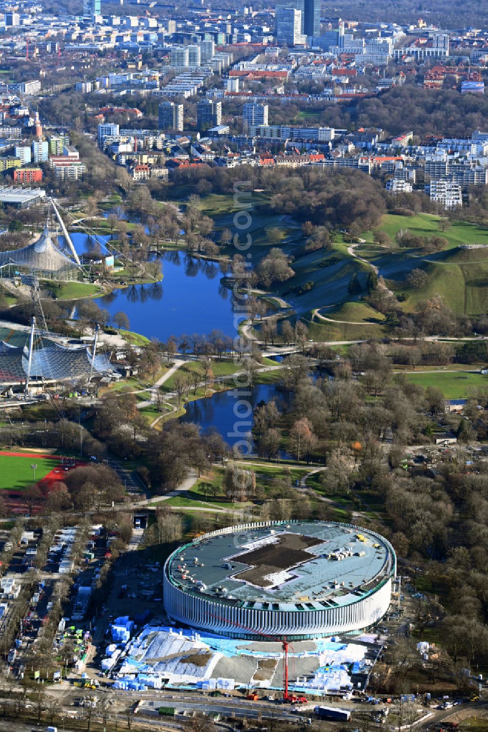 München from the bird's eye view: Construction site for the new sports hall SAP Garden in Olympiapark on street Toni-Merkens-Weg in the district Milbertshofen-Am Hart in Munich in the state Bavaria, Germany