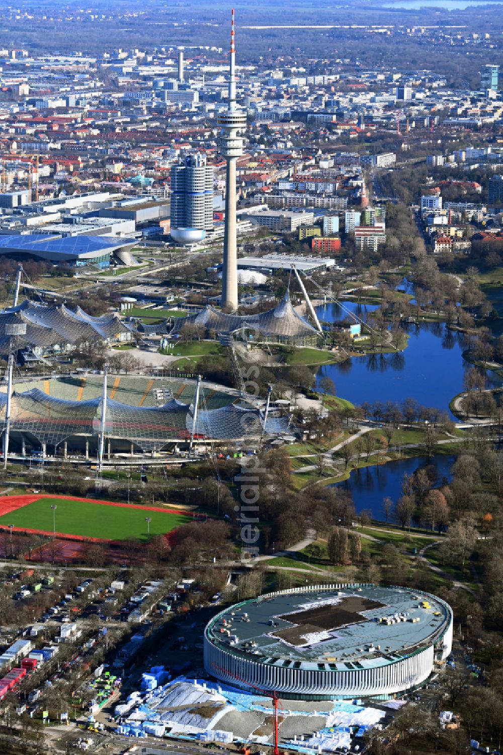 Aerial image München - Construction site for the new sports hall SAP Garden in Olympiapark on street Toni-Merkens-Weg in the district Milbertshofen-Am Hart in Munich in the state Bavaria, Germany