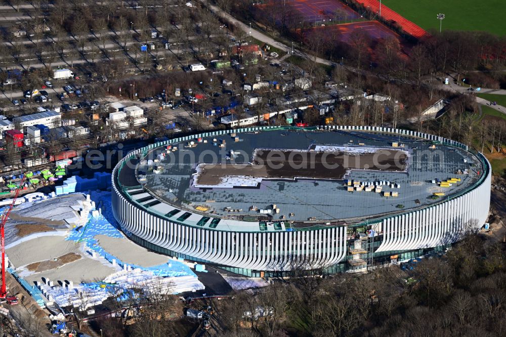 München from the bird's eye view: Construction site for the new sports hall SAP Garden in Olympiapark on street Toni-Merkens-Weg in the district Milbertshofen-Am Hart in Munich in the state Bavaria, Germany
