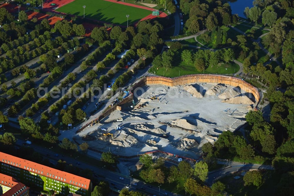 Aerial image München - Construction site for the new sports hall SAP Garden in Olympiapark in the district Milbertshofen-Am Hart in Munich in the state Bavaria, Germany
