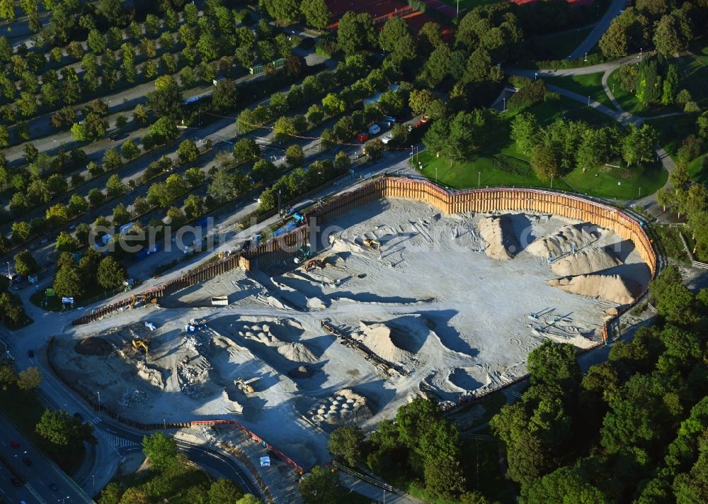 München from above - Construction site for the new sports hall SAP Garden in Olympiapark in the district Milbertshofen-Am Hart in Munich in the state Bavaria, Germany