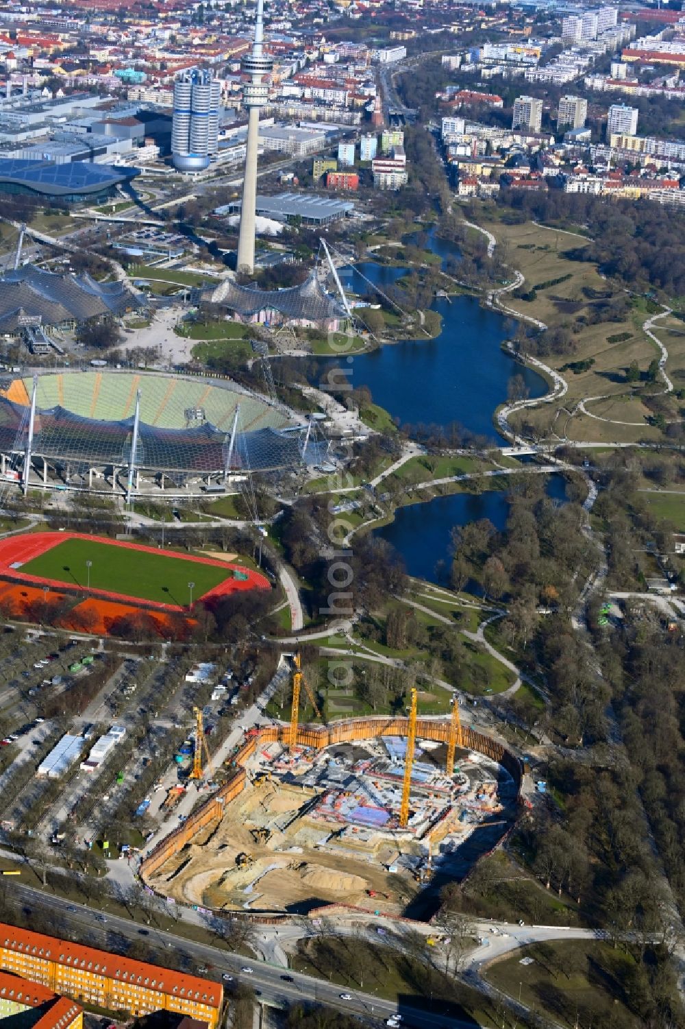 München from the bird's eye view: Construction site for the new sports hall SAP Garden in Olympiapark in the district Milbertshofen-Am Hart in Munich in the state Bavaria, Germany