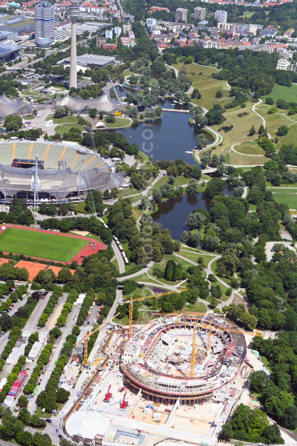 Aerial photograph München - Construction site for the new sports hall SAP Garden in Olympiapark on street Toni-Merkens-Weg in the district Milbertshofen-Am Hart in Munich in the state Bavaria, Germany