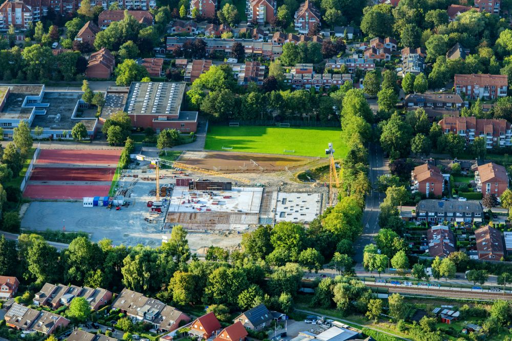 Aerial photograph Buxtehude - Construction site for the new sports hall Sports hall South in Buxtehude in the state Lower Saxony, Germany