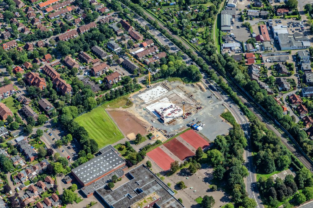 Buxtehude from above - Construction site for the new sports hall Sports hall South in Buxtehude in the state Lower Saxony, Germany