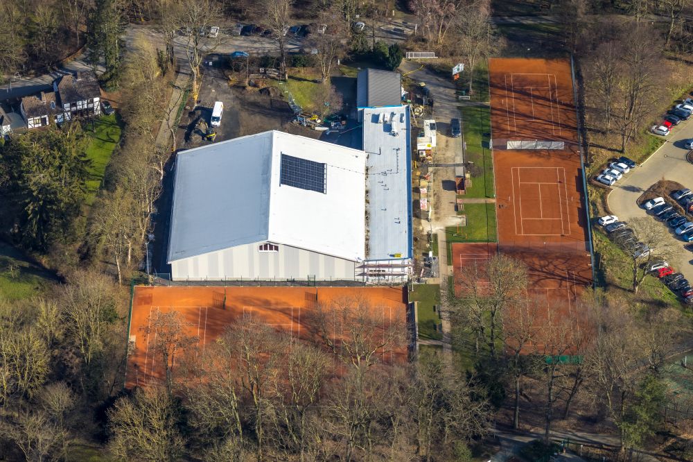 Aerial image Unna - Construction site for the new sports hall of Tennishalle on Tennisplatz - Ensemble on Luisenstrasse on street Luisenstrasse in the district Alte Heide in Unna at Ruhrgebiet in the state North Rhine-Westphalia, Germany
