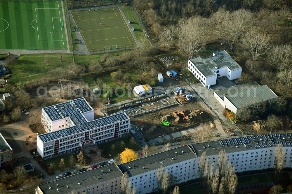 Aerial image Berlin - Construction site for the new sports hall on Teterower Ring in the district Hellersdorf in Berlin, Germany