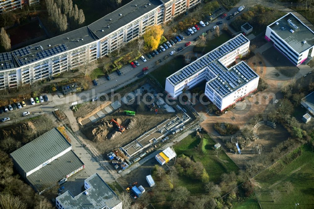 Aerial photograph Berlin - Construction site for the new sports hall on Teterower Ring in the district Hellersdorf in Berlin, Germany