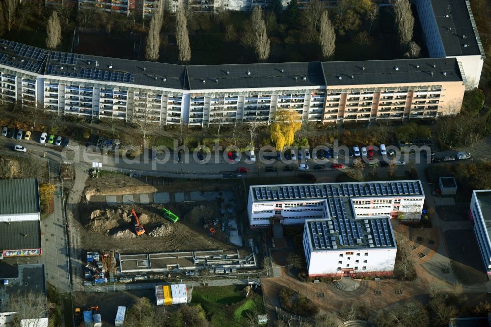 Aerial image Berlin - Construction site for the new sports hall on Teterower Ring in the district Hellersdorf in Berlin, Germany