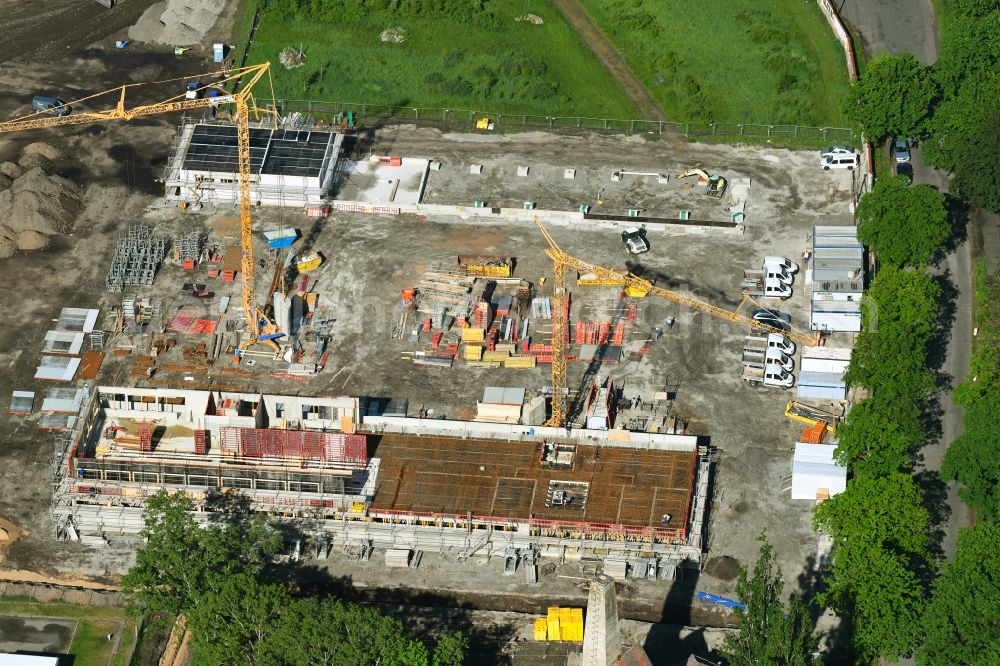 Aerial image Dresden - Construction site for the new sports hall of Trainingszentrum in Sportpark Ostra in the district Friedrichstadt in Dresden in the state Saxony, Germany