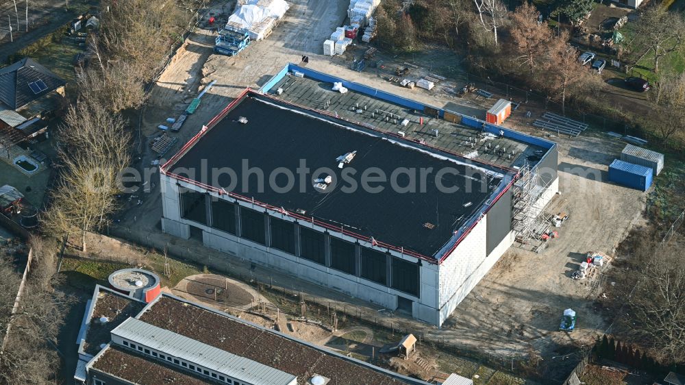 Berlin from above - Construction site for the new sports hall Typensporthalle (TSH) on street Heerstrasse - Bergedorfer Strasse in the district Kaulsdorf in Berlin, Germany