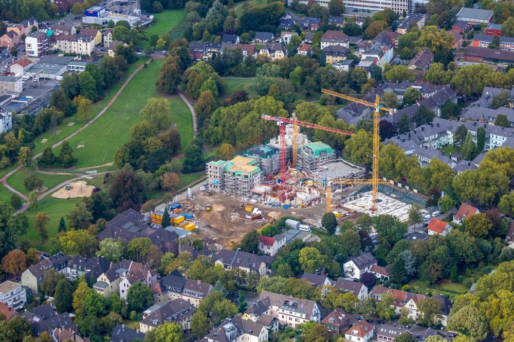 Bochum from above - Construction site for the city villa - multi-family residential building on Wielandstrasse - Herderallee - Lessingstrasse in the district Grumme in Bochum in the state North Rhine-Westphalia, Germany