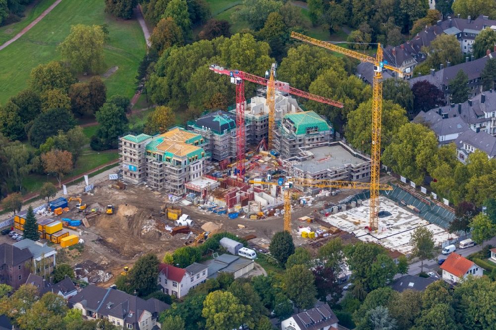 Bochum from the bird's eye view: Construction site for the city villa - multi-family residential building on Wielandstrasse - Herderallee - Lessingstrasse in the district Grumme in Bochum in the state North Rhine-Westphalia, Germany