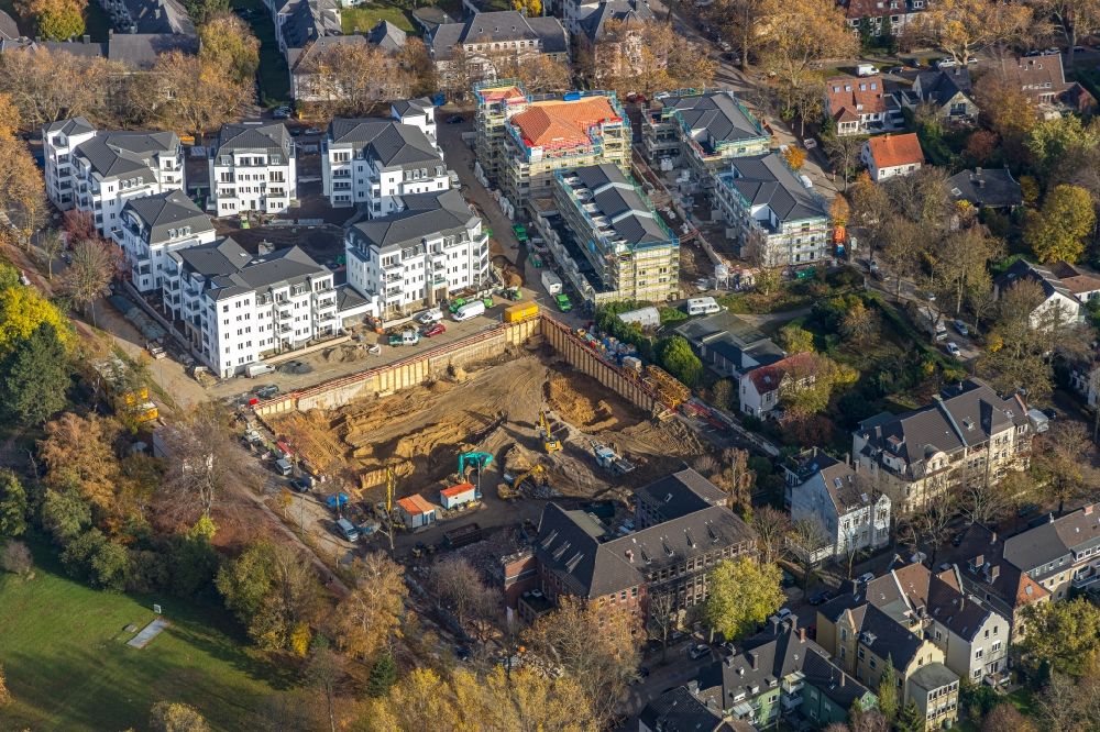 Aerial image Bochum - Construction site for the city villa - multi-family residential building in the Dichterviertel on Wielandstrasse - Herderallee - Lessingstrasse in the district Grumme in Bochum in the state North Rhine-Westphalia, Germany
