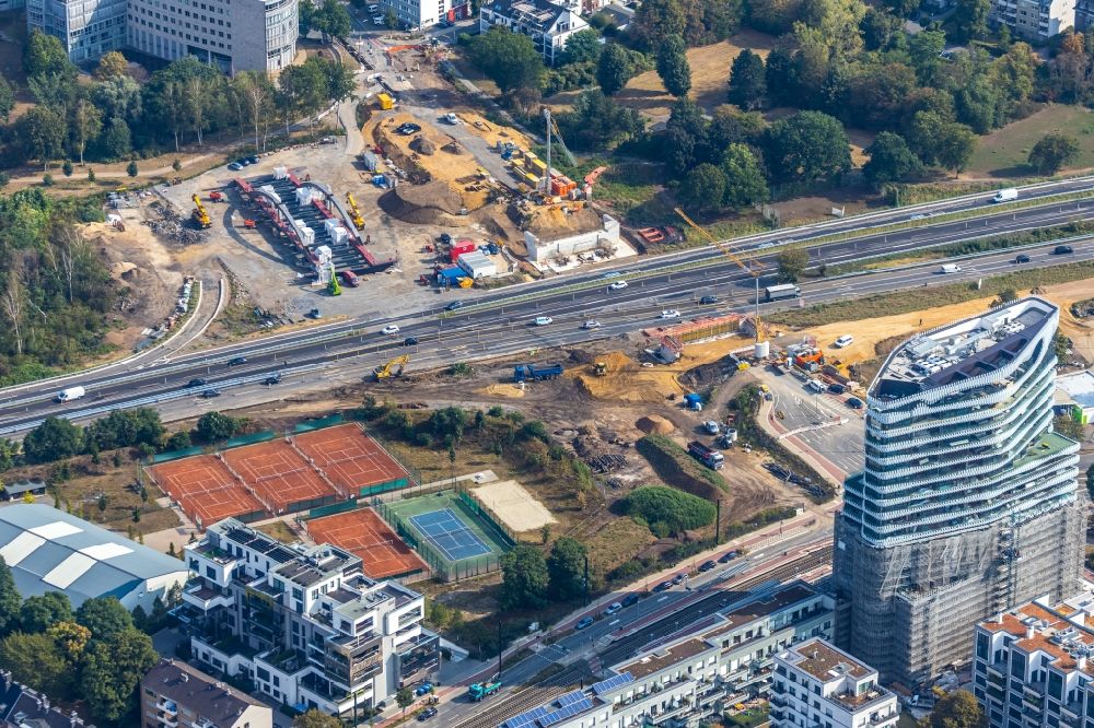 Aerial image Düsseldorf - Construction of road bridge of Bundesstrasse B7 in the district Heerdt in Duesseldorf in the state North Rhine-Westphalia, Germany