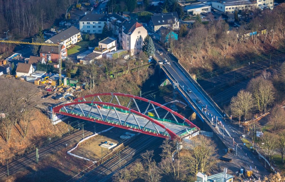 Aerial image Bochum - Building site to the new building of the streets bridge building work Buseloh bridge between Kornharpen and Altenbochum near the Harpener street in Bochum in the federal state North Rhine-Westphalia