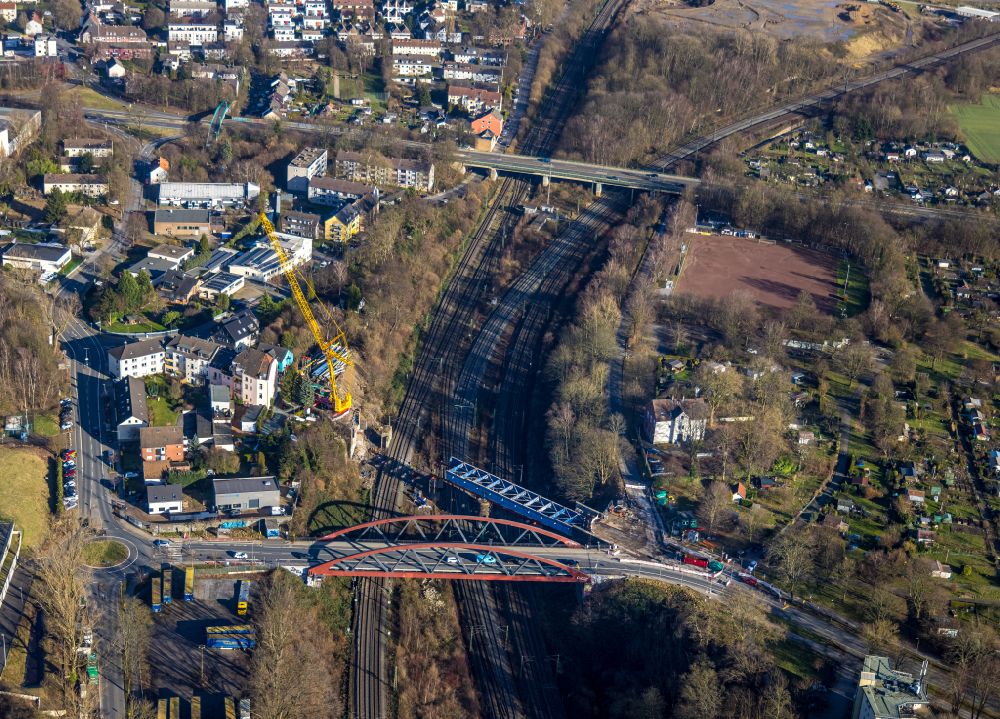 Bochum from above - Construction of road bridge of Buselohbruecke in Bochum in the state North Rhine-Westphalia, Germany. The bridge will connect the Harpener Str. with the Buselohstrasse