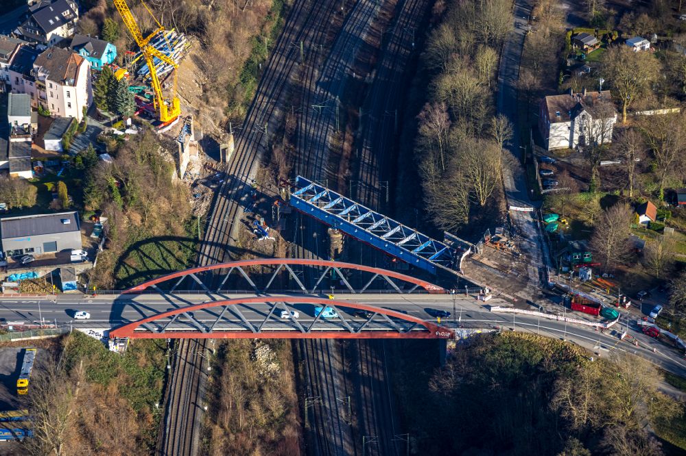 Bochum from the bird's eye view: Construction of road bridge of Buselohbruecke in Bochum in the state North Rhine-Westphalia, Germany. The bridge will connect the Harpener Str. with the Buselohstrasse