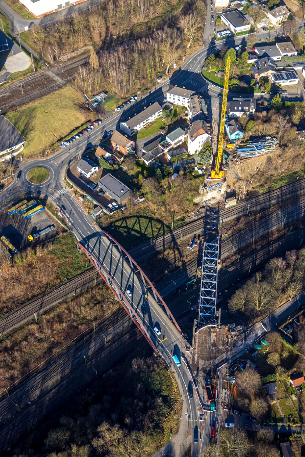 Aerial image Bochum - Construction of road bridge of Buselohbruecke in Bochum in the state North Rhine-Westphalia, Germany. The bridge will connect the Harpener Str. with the Buselohstrasse