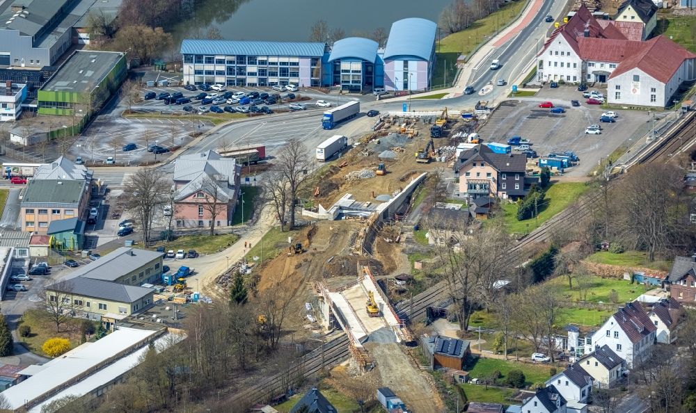 Aerial photograph Kreuztal - Construction of road bridge along the Hagener Strasse - B517 in the district Eichen in Kreuztal in the state North Rhine-Westphalia, Germany