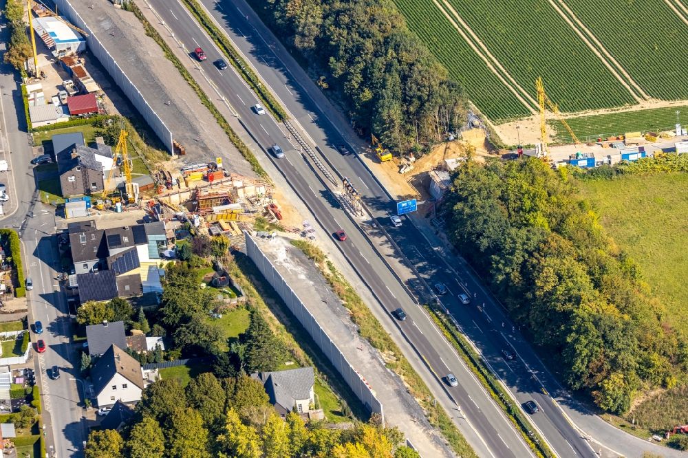 Aerial photograph Holzwickede - Construction of road bridge along the Kurze Strasse over the highway B1 in Holzwickede in the state North Rhine-Westphalia, Germany