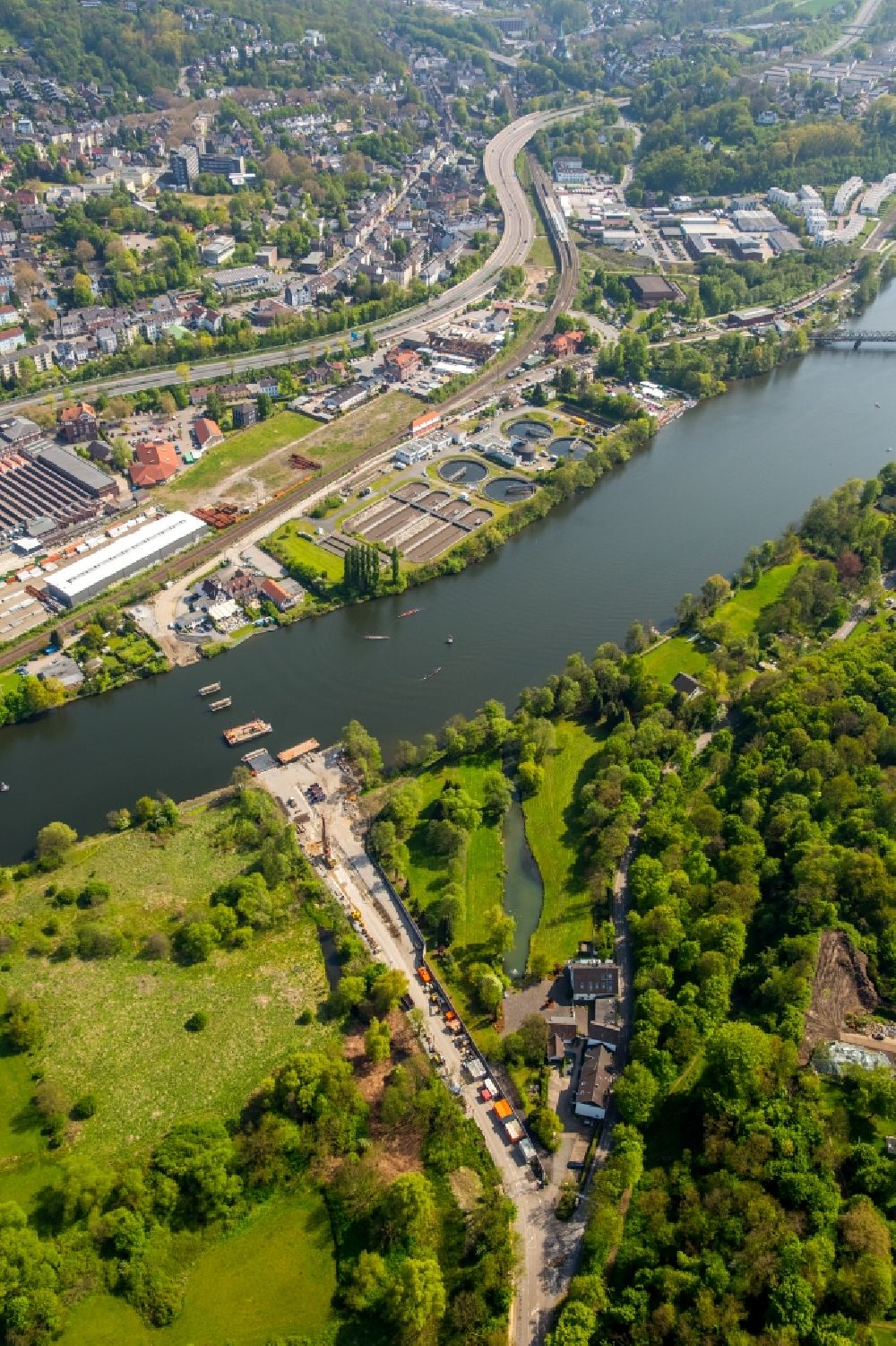 Aerial image Essen - Construction of road bridge Kampmannbruecke about the Ruhr in Essen in the state North Rhine-Westphalia