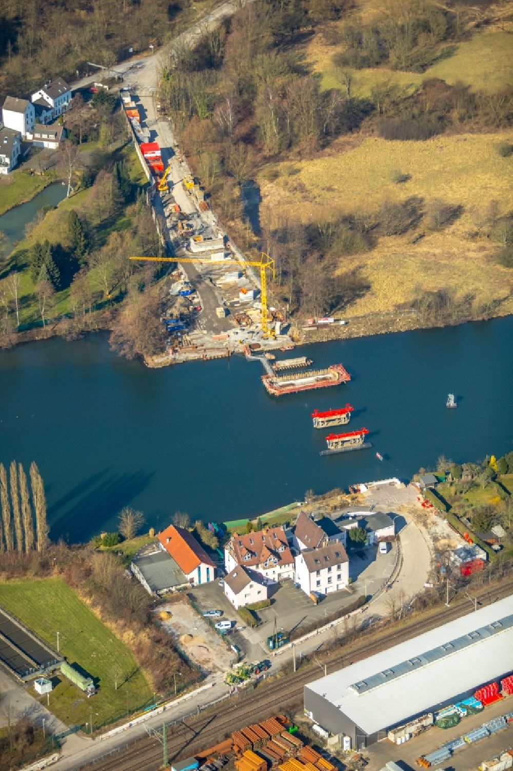 Aerial photograph Essen - Construction of road bridge Kampmannbruecke about the Ruhr in Essen in the state North Rhine-Westphalia