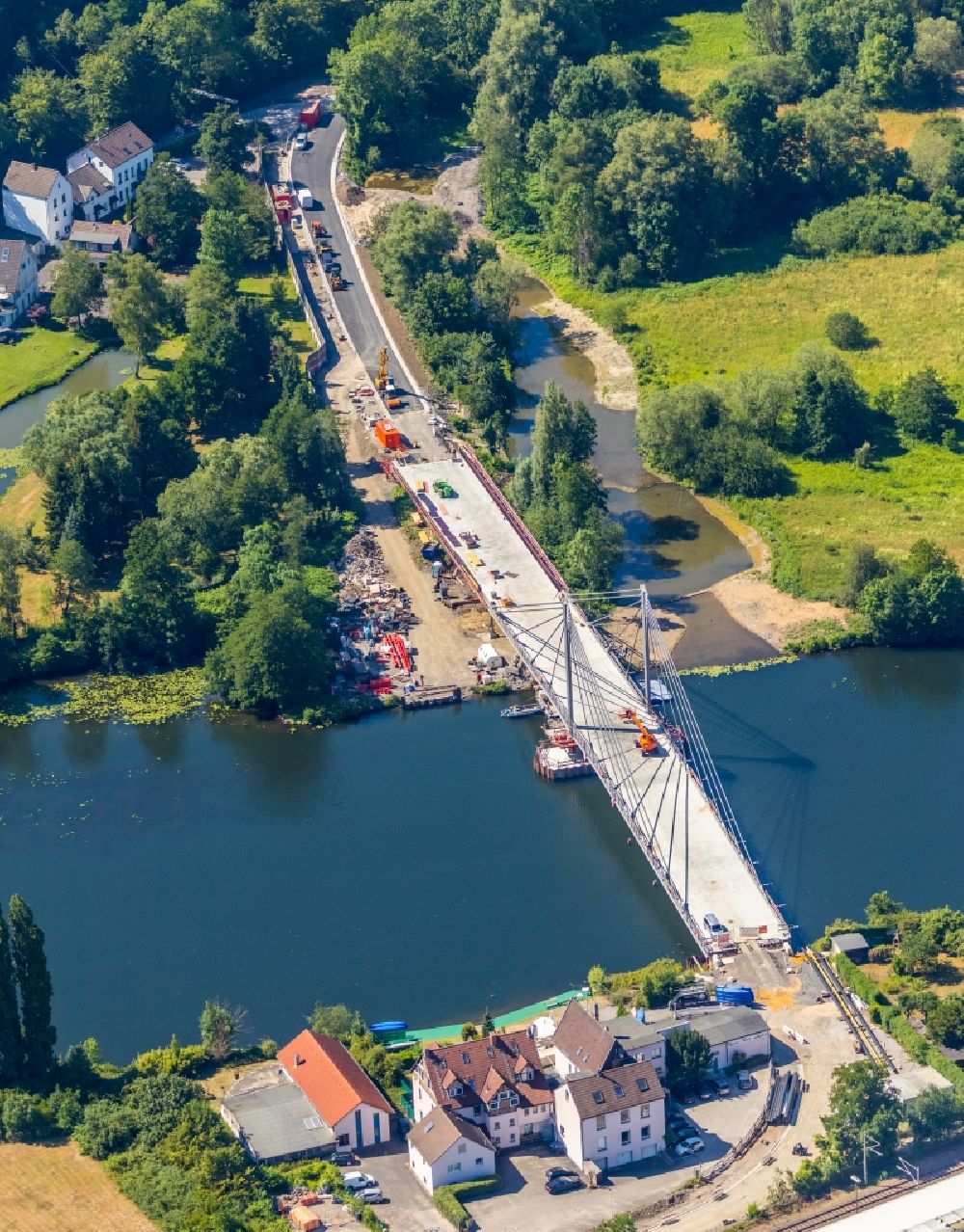 Essen from above - Construction of road bridge Kampmannbruecke about the Ruhr in Essen in the state North Rhine-Westphalia