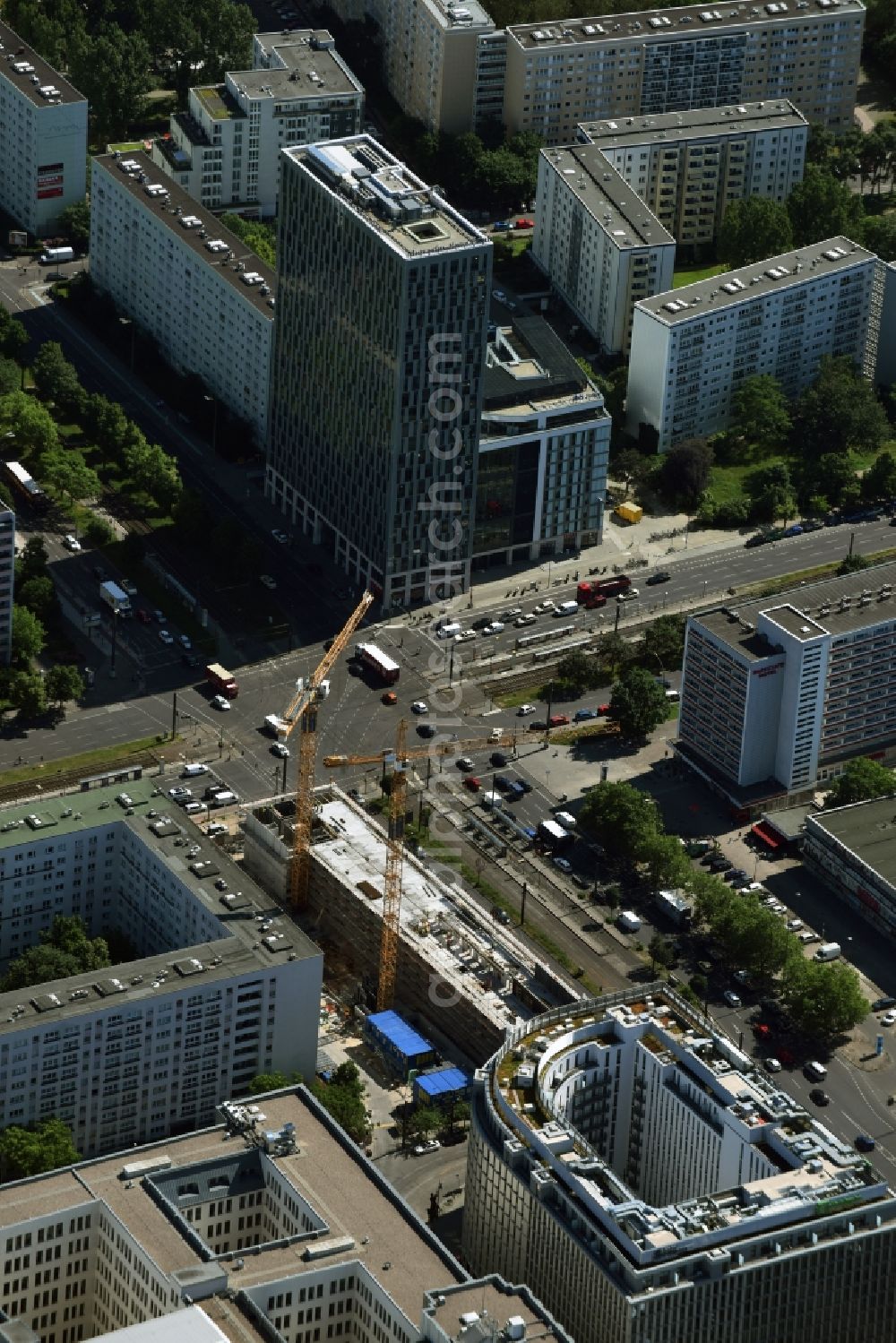 Aerial photograph Berlin - Construction site to build a new student dormitory - building LAMBERT HOLDING GMBH Studio:B at Mollstrasse - Otto-Braun-Strasse in the Mitte district in Berlin