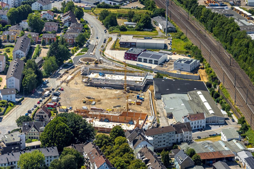 Schwelm from above - Construction site for the new building of a store of the supermarket Aldi and Lidl on street Doeinghauser Strasse in Schwelm in the state North Rhine-Westphalia, Germany
