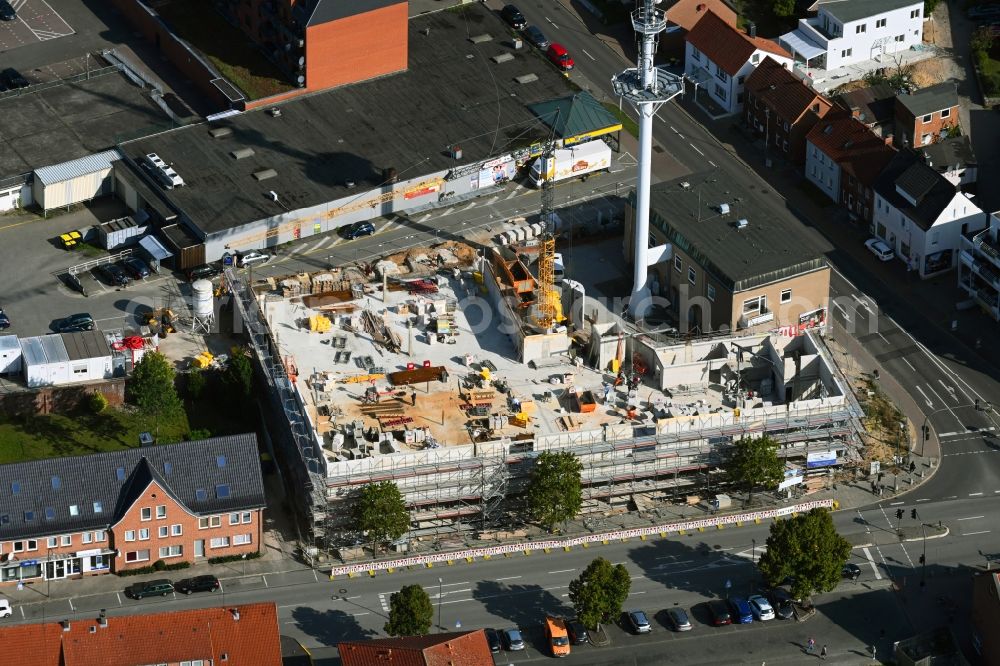 Lauenburg/Elbe from the bird's eye view: Construction site for the new building of a store of the supermarket Edeka on Berliner Strasse corner Buechener Weg in Lauenburg/Elbe in the state Schleswig-Holstein, Germany