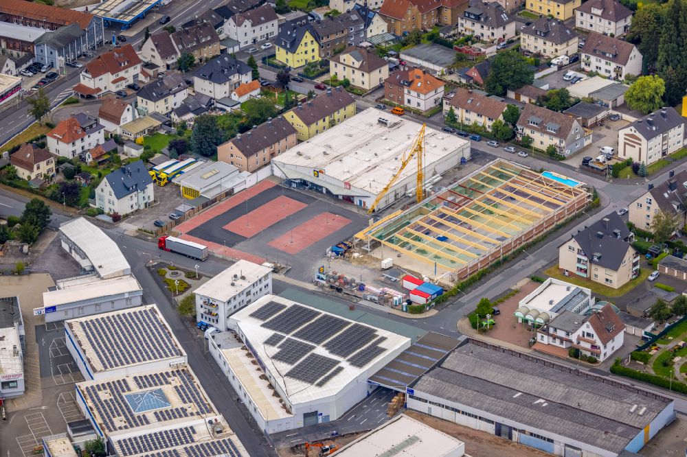 Hagen from the bird's eye view: Construction site for the new building of a store of the supermarket Lidl on street Gotenweg in the district Hohenlimburg in Hagen at Ruhrgebiet in the state North Rhine-Westphalia, Germany