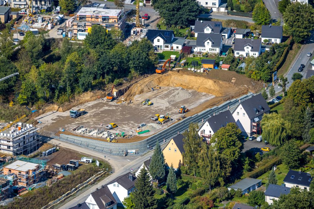 Aerial photograph Meschede - Construction site for the new building of a store of the supermarket Netto on street Waldstrasse in Meschede at Sauerland in the state North Rhine-Westphalia, Germany