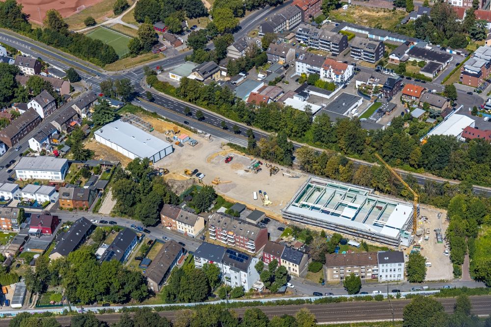 Herne from the bird's eye view: Construction site for the new building of a store of the supermarket on Steinstrasse - Berliner Strasse in the district Wanne-Eickel in Herne in the state North Rhine-Westphalia, Germany
