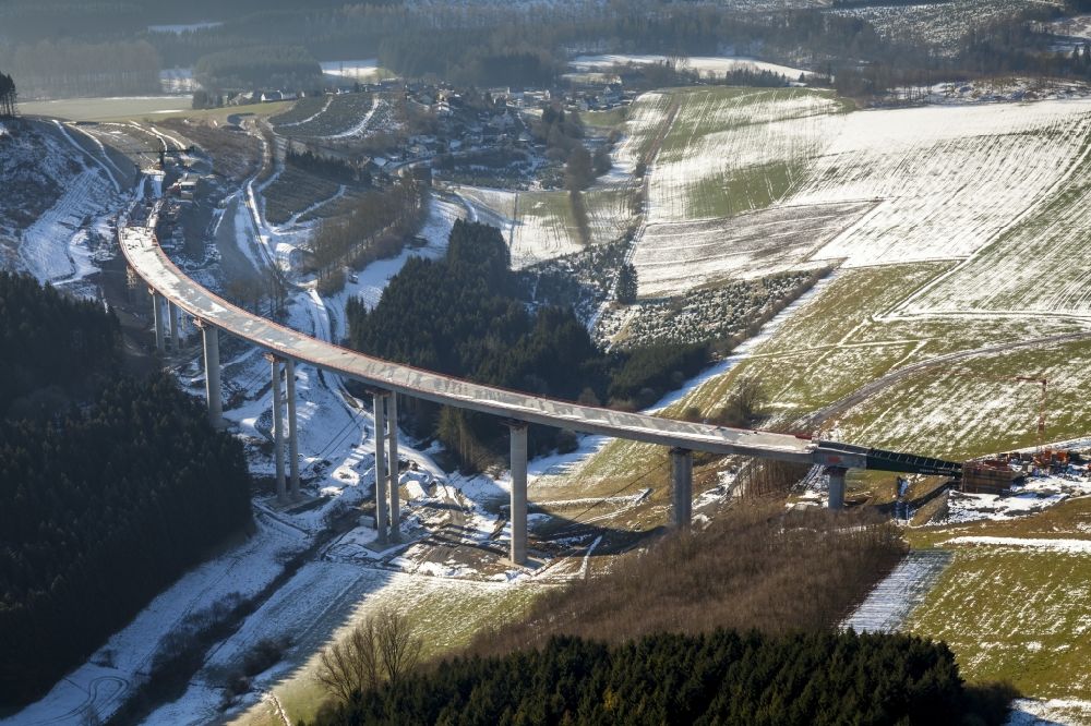 Aerial image Olsberg OT Antfeld - Construction site to build the new viaduct Schormecke at Antfeld in Olsberg in North Rhine-Westphalia