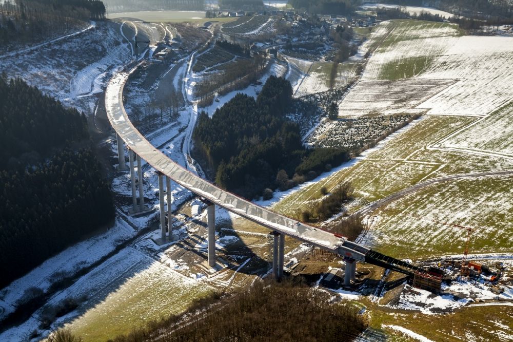 Olsberg OT Antfeld from above - Construction site to build the new viaduct Schormecke at Antfeld in Olsberg in North Rhine-Westphalia