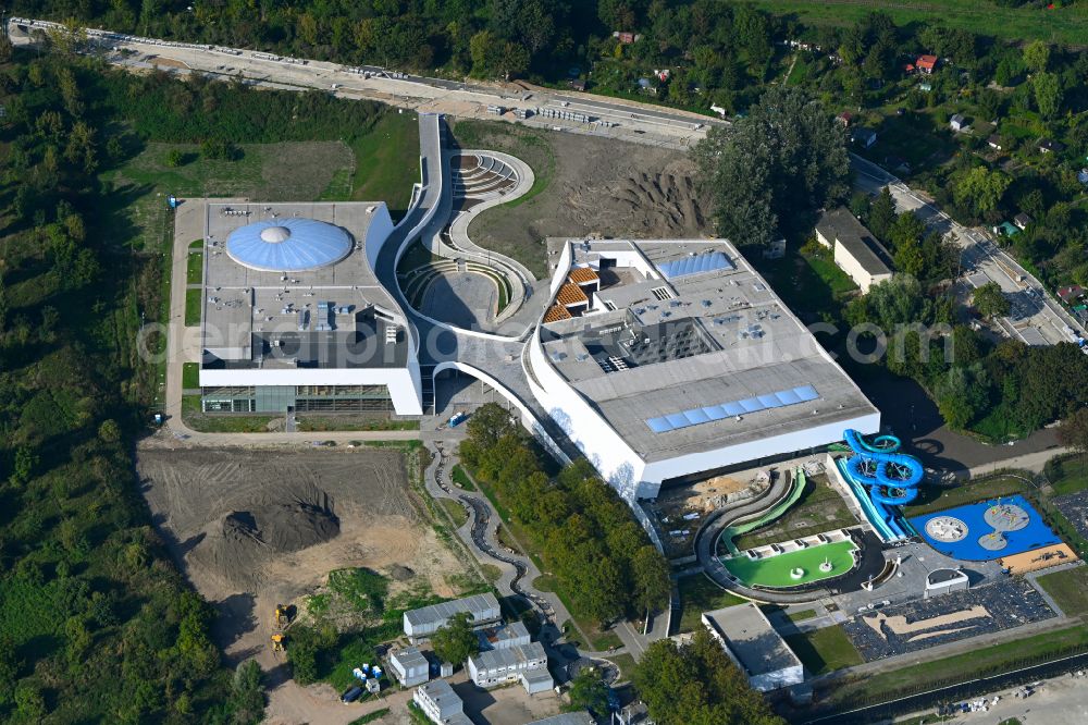 Szczecin - Stettin from the bird's eye view: Construction for the new building of the spa and swimming pool at the swimming pool of Recreation Fabryka Wody in Szczecin in West Pomeranian, Poland