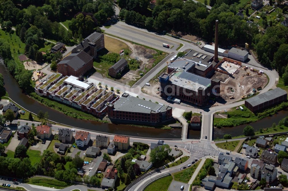 Aerial photograph Flöha - Construction site for the new construction of the building complex to a shopping center on the site of the Old Cotton on the Claussstrasse in Floeha in the state of Saxony, Germany