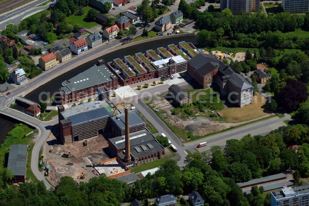 Flöha from above - Construction site for the new construction of the building complex to a shopping center on the site of the Old Cotton on the Claussstrasse in Floeha in the state of Saxony, Germany