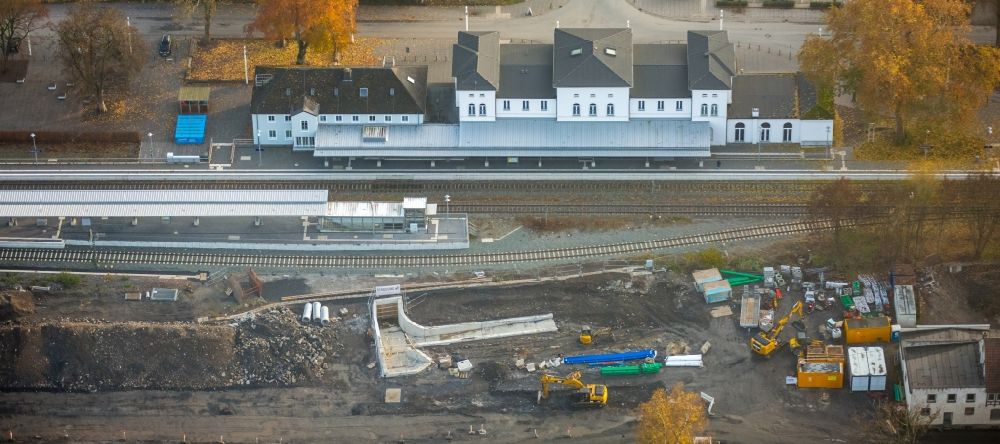 Arnsberg from the bird's eye view: Construction site for the new building of an underpass of the railway station Arnsberg in Arnsberg in the state North Rhine-Westphalia
