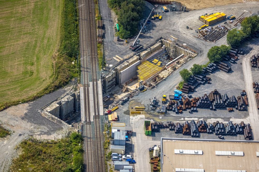 Kamen from above - Construction site for the new construction of the underpass Suedkamener Spange on the street Hemsack in the district of Westick in Kamen in the Ruhr area in the state of North Rhine-Westphalia, Germany