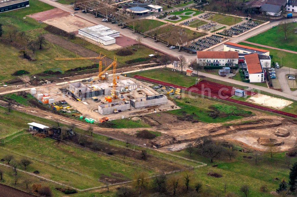 Aerial photograph Rust - Construction site for the new building of Veranstaltungshalle Rheingiessenhalle on Ellenweg in Rust in the state Baden-Wurttemberg, Germany