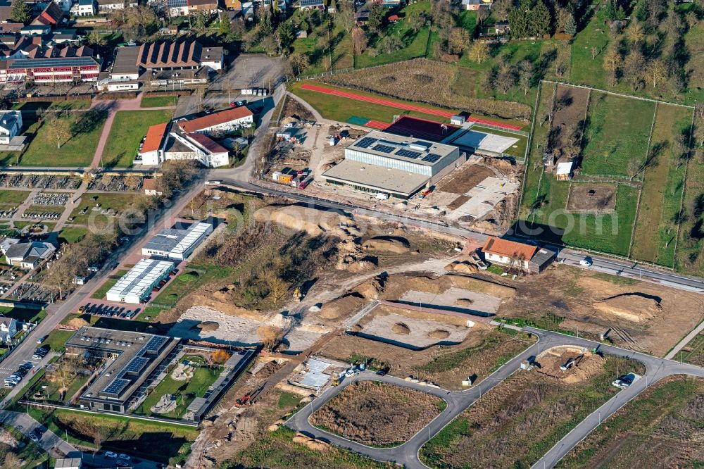 Rust from the bird's eye view: Construction site for the new building of Veranstaltungshalle Rheingiessenhalle on Ellenweg in Rust in the state Baden-Wurttemberg, Germany