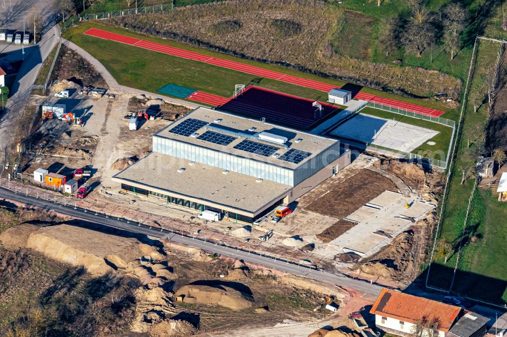 Aerial image Rust - Construction site for the new building of Veranstaltungshalle Rheingiessenhalle on Ellenweg in Rust in the state Baden-Wurttemberg, Germany
