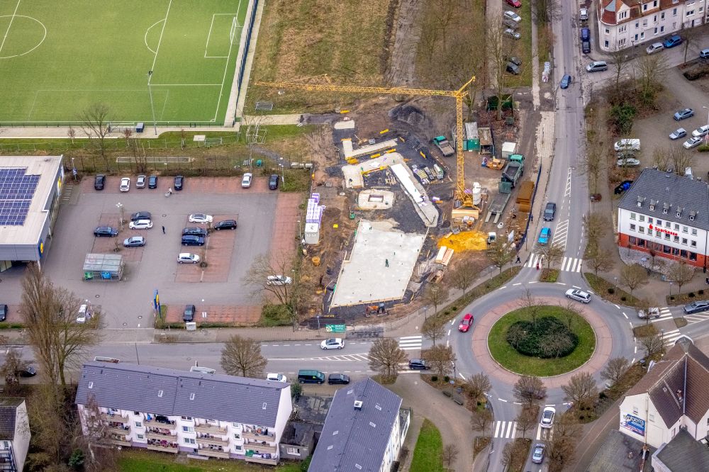 Gladbeck from above - Construction site for the new building of the clubhouse at SportPark Mottbruch on street Rossheidestrasse in Gladbeck at Ruhrgebiet in the state North Rhine-Westphalia, Germany