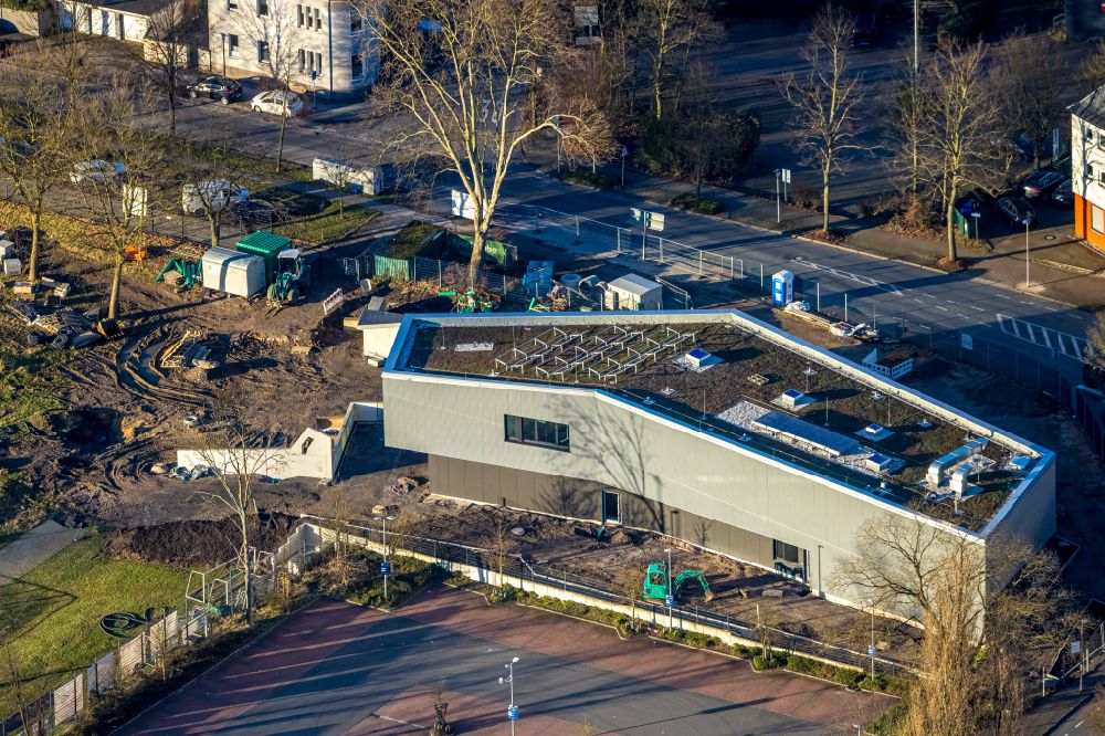 Gladbeck from the bird's eye view: Construction site for the new building of the clubhouse at SportPark Mottbruch on street Rossheidestrasse in Gladbeck at Ruhrgebiet in the state North Rhine-Westphalia, Germany