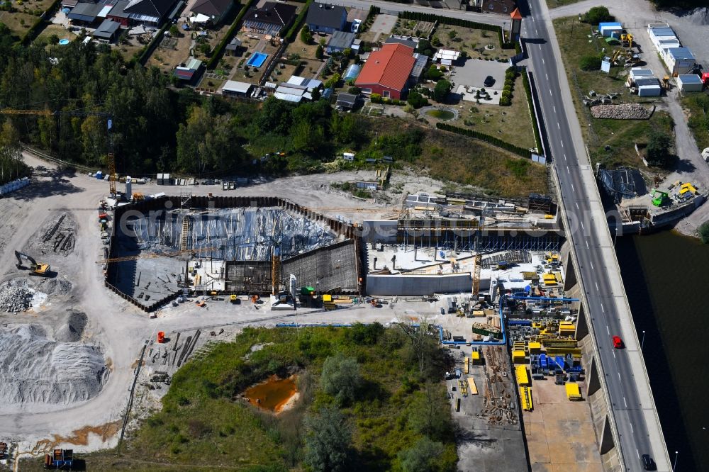 Aerial photograph Muldestausee - Construction site for the new building Wasserkraftwerk on Muldestausee-Auslauf in Muldestausee in the state Saxony-Anhalt, Germany