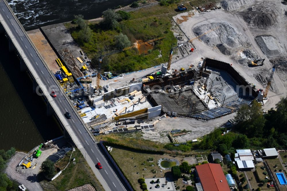 Aerial photograph Muldestausee - Construction site for the new building Wasserkraftwerk on Muldestausee-Auslauf in Muldestausee in the state Saxony-Anhalt, Germany