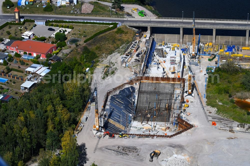 Aerial image Muldestausee - Construction site for the new building Wasserkraftwerk on Muldestausee-Auslauf in Muldestausee in the state Saxony-Anhalt, Germany