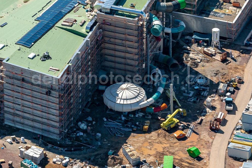Aerial image Rust - Construction for the new building of the spa and swimming pool at the swimming pool of Recreation Europa-Park in Rust in the state Baden-Wurttemberg